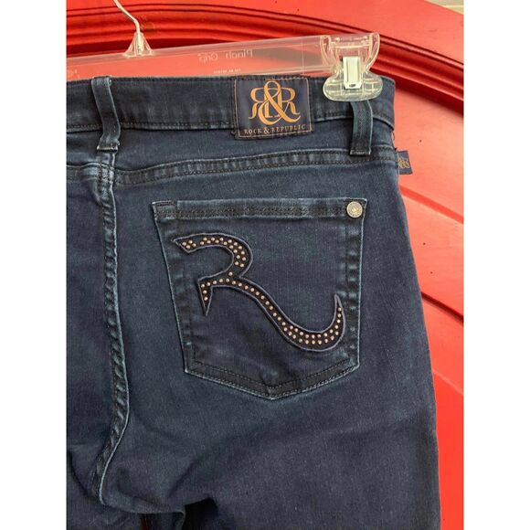 Rock & Republic Sz 10 M Kasandra Jean Denim Rose Gold Rivet Pocket Dark Blue EUC - Picture 4 of 5